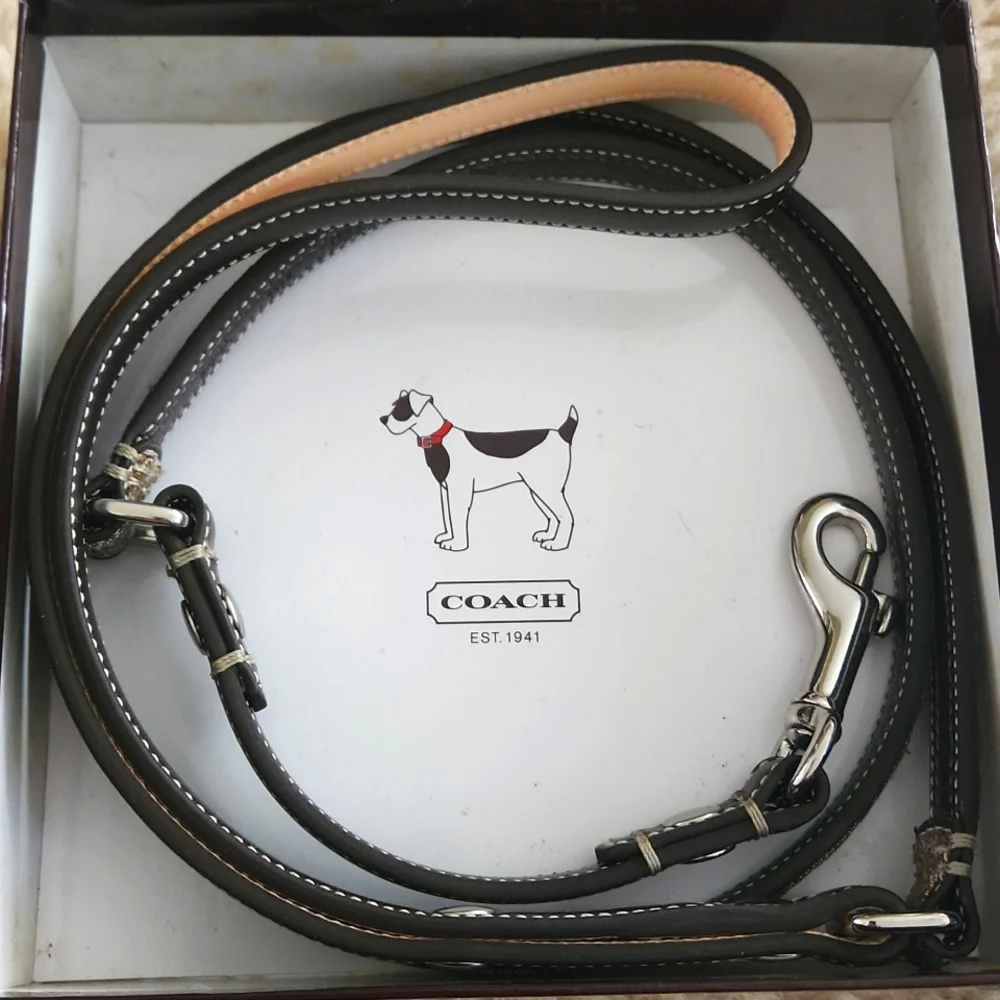 NWT IOB Coach Small Mini Signature Khaki Jacquard & Leather Dog Leash🐕🐾❤️🎁